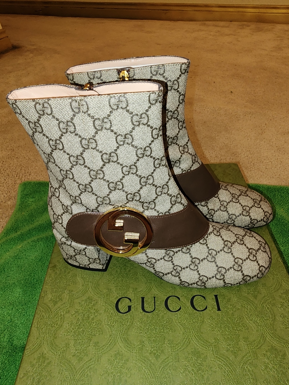 Gucci Beige Brown GG Canvas Mid Heel Ankle Boots with Gold Logo - Picture 13 of 13